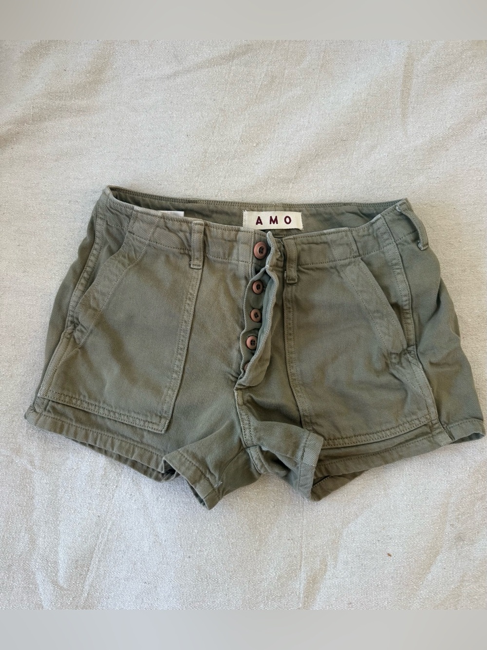 AMO Olive Green Button-Fly Utility Jean Shorts
